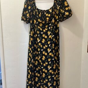 Cider Black Midi Dress with Yellow Lemon Print